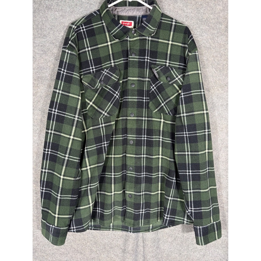 Wrangler Mens 2XL Green Black Plaid Fleece Button Down Shirt RN130273